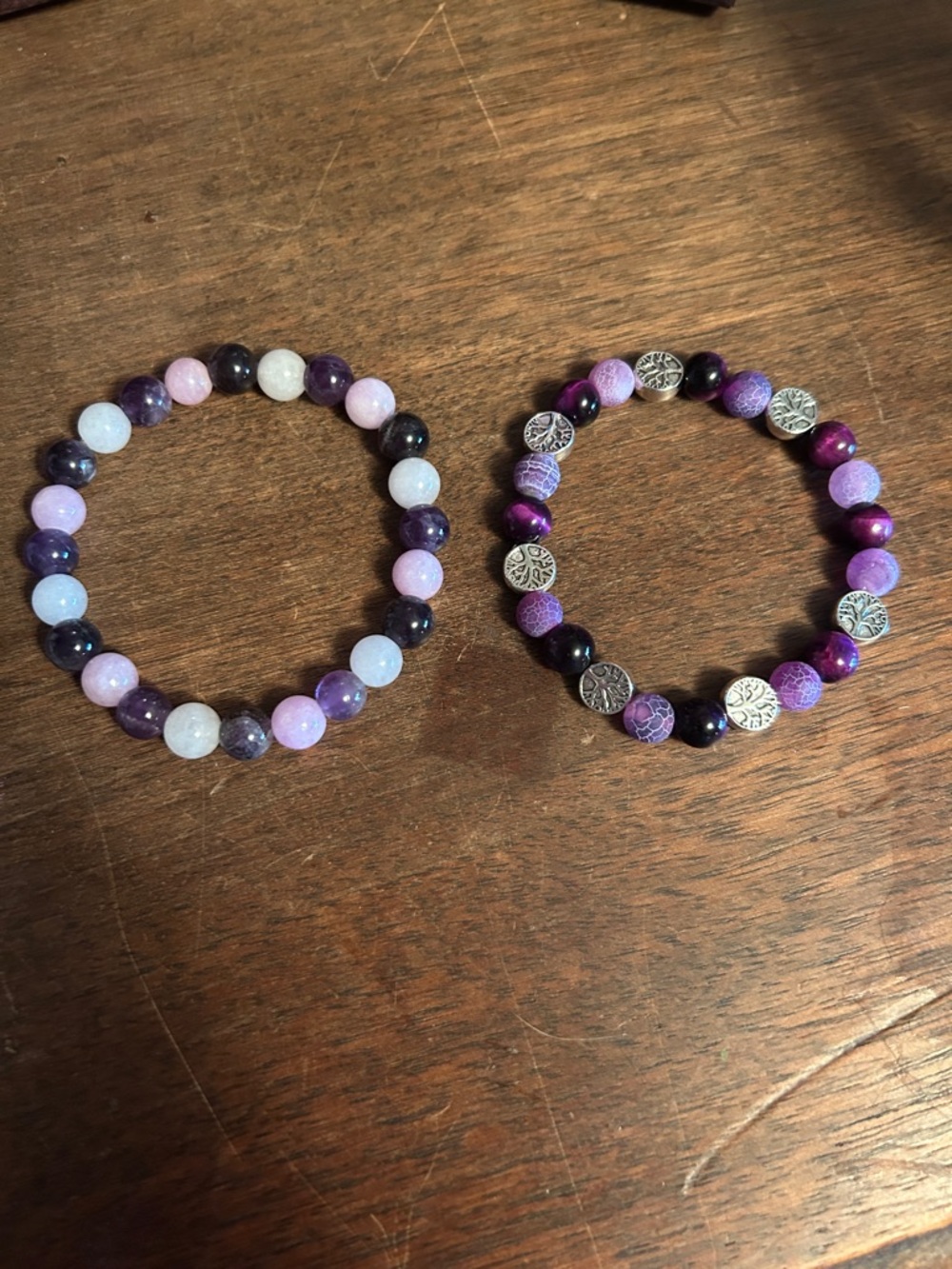 💜Purple Agate Beaded Stretch Bracelet with Silver Trees Of Life.